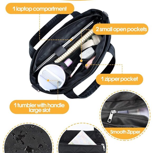 Women's Nylon Puffer Tote Bag with Elastic Cup Slot for Travel and Work - Picture 5 of 7